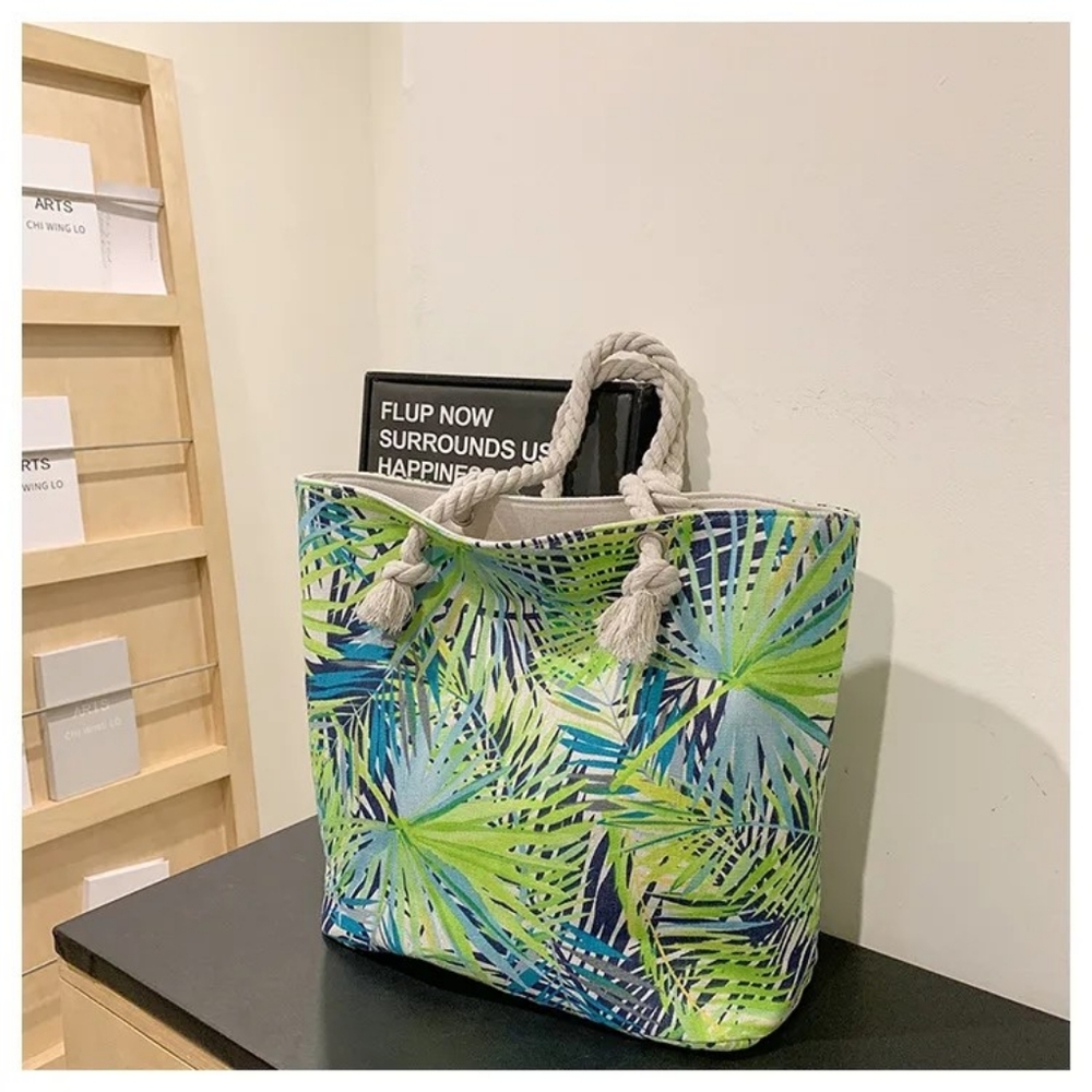Womens Large Leaves Design Square Zipper Beach Bag - Picture 2 of 7